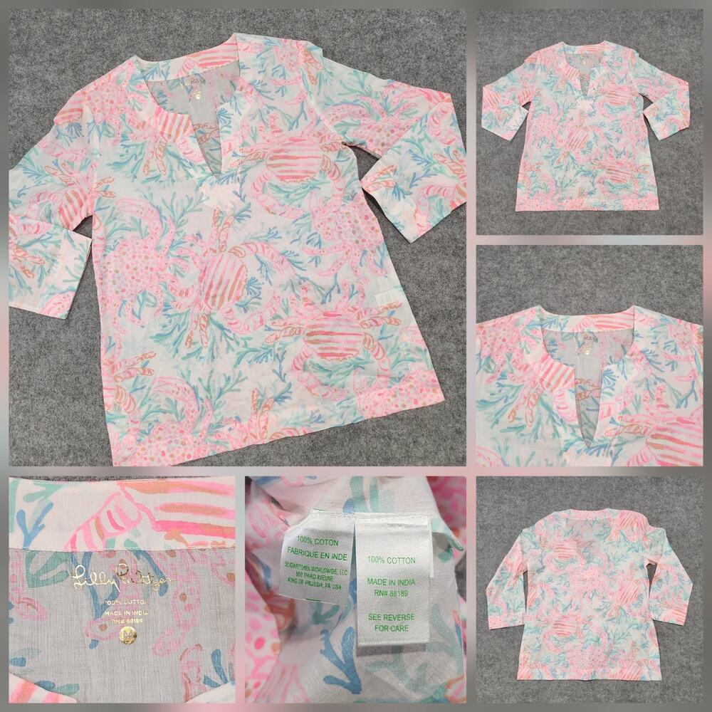 Lilly Pulitzer Womens M Medium Amelia Island Tunic Top Pink Crab Roar Seas Shirt